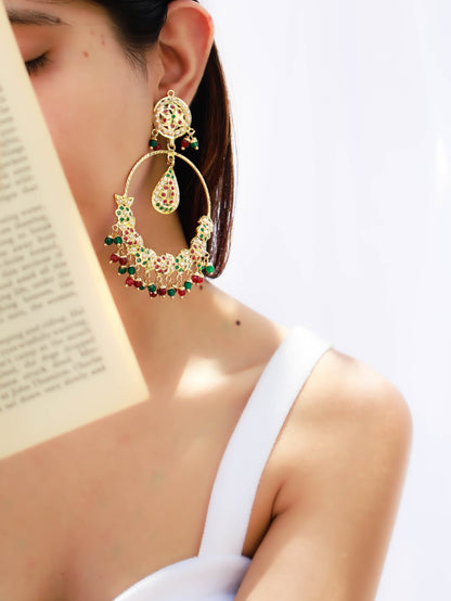 Yula Jadau Red-Green Chandbali Earrings