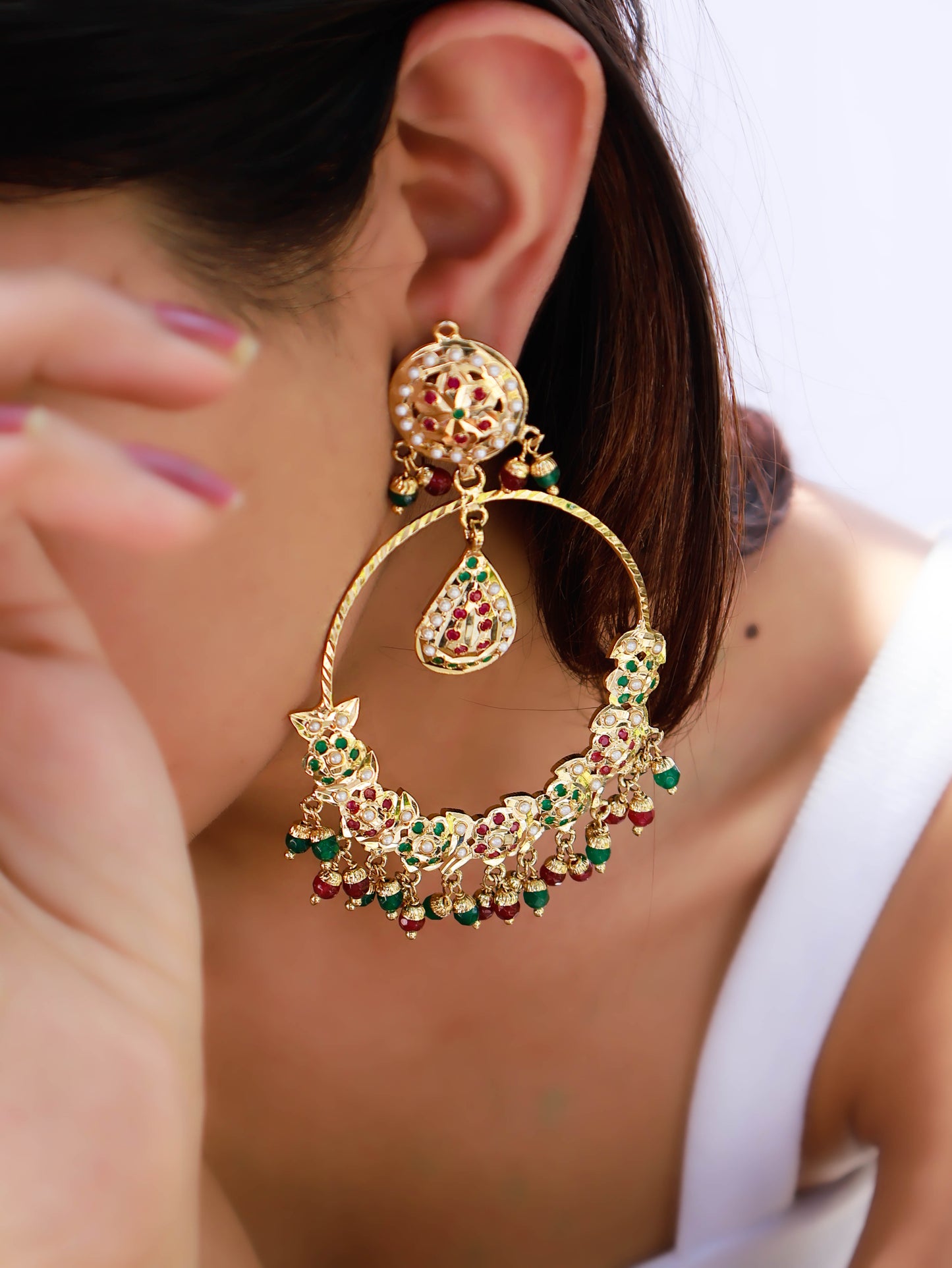 Yula Jadau Red-Green Chandbali Earrings