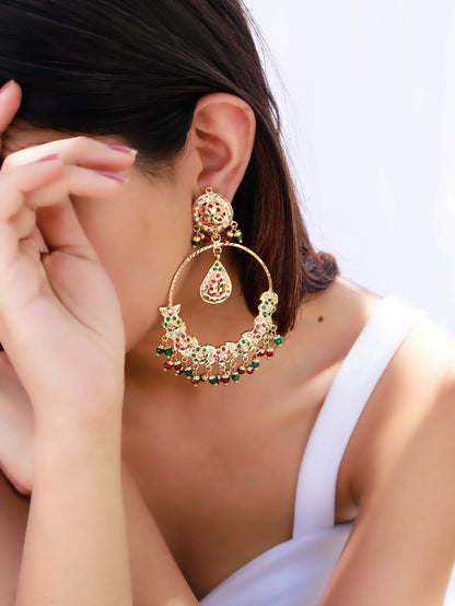 Yula Jadau Red-Green Chandbali Earrings