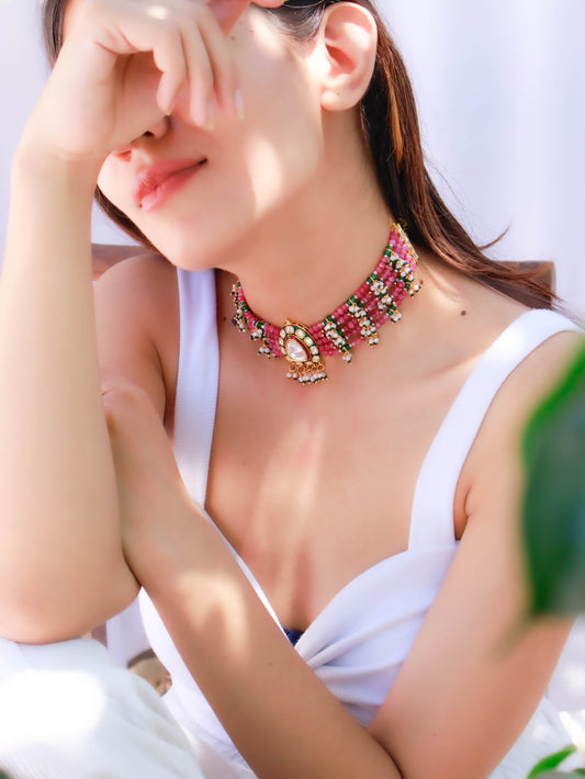 Hazra Pink-Green Polki Choker Necklace