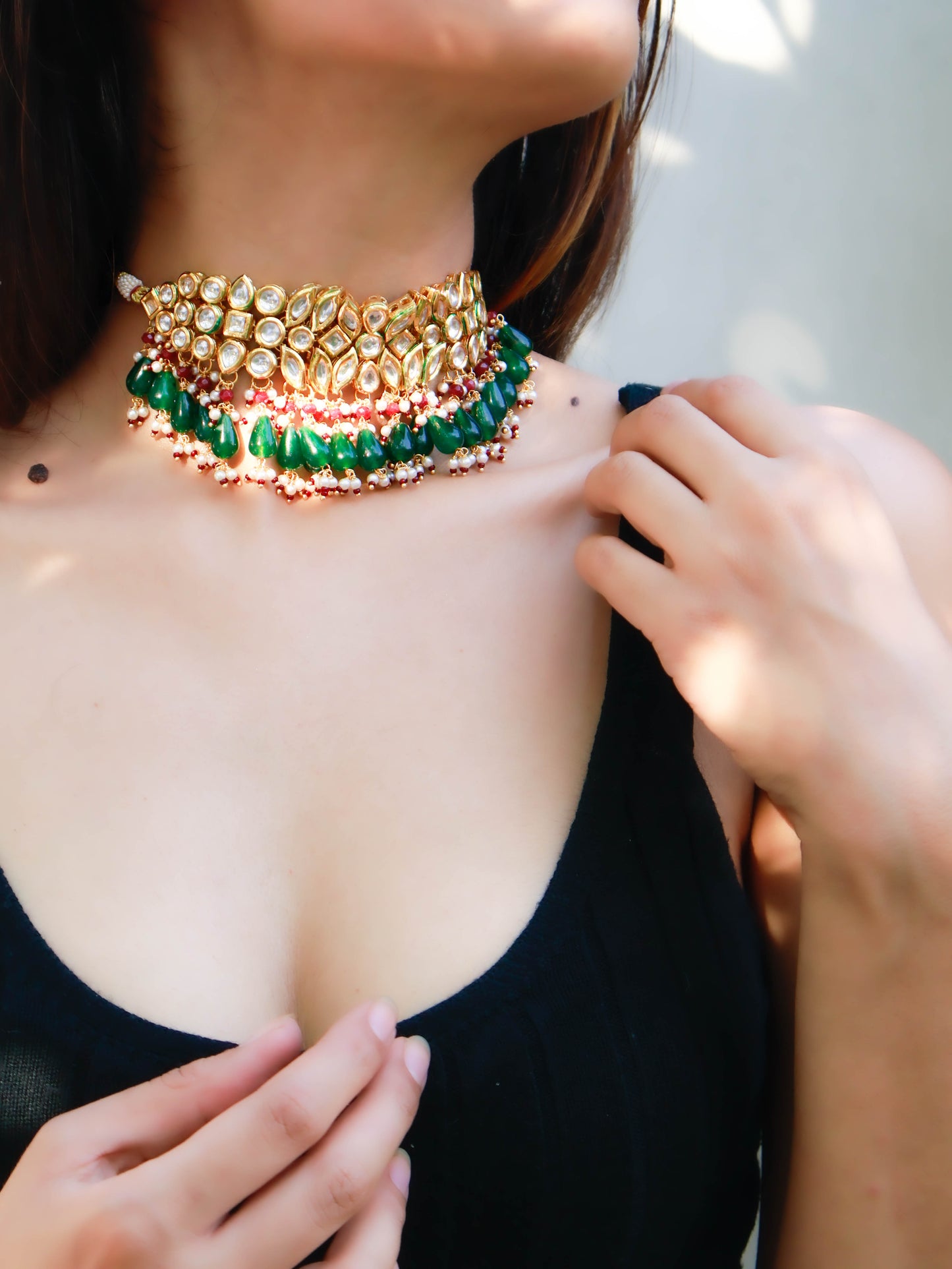 Aabish Red-Green Kundan Choker Necklace