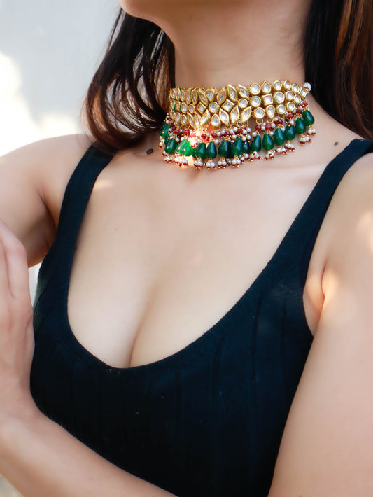 Aabish Red-Green Kundan Choker Necklace