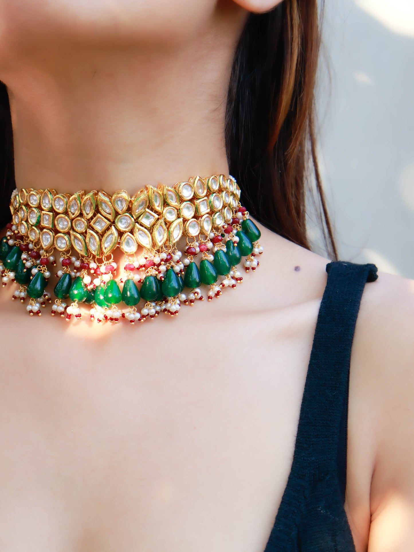 Aabish Red-Green Kundan Choker Necklace