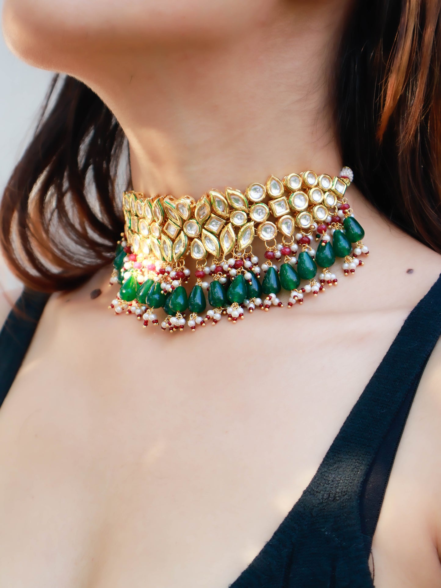 Aabish Red-Green Kundan Choker Necklace