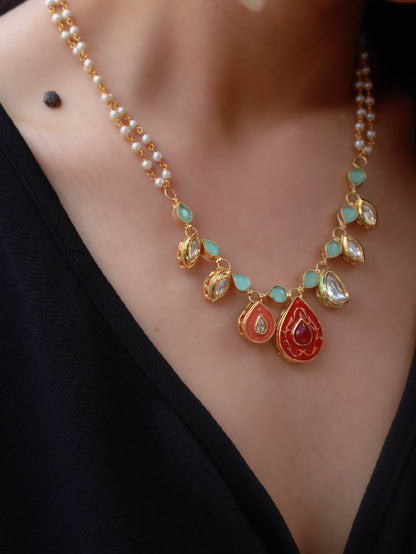 Deenah Orange-Turquoise Kundan Charms Necklace