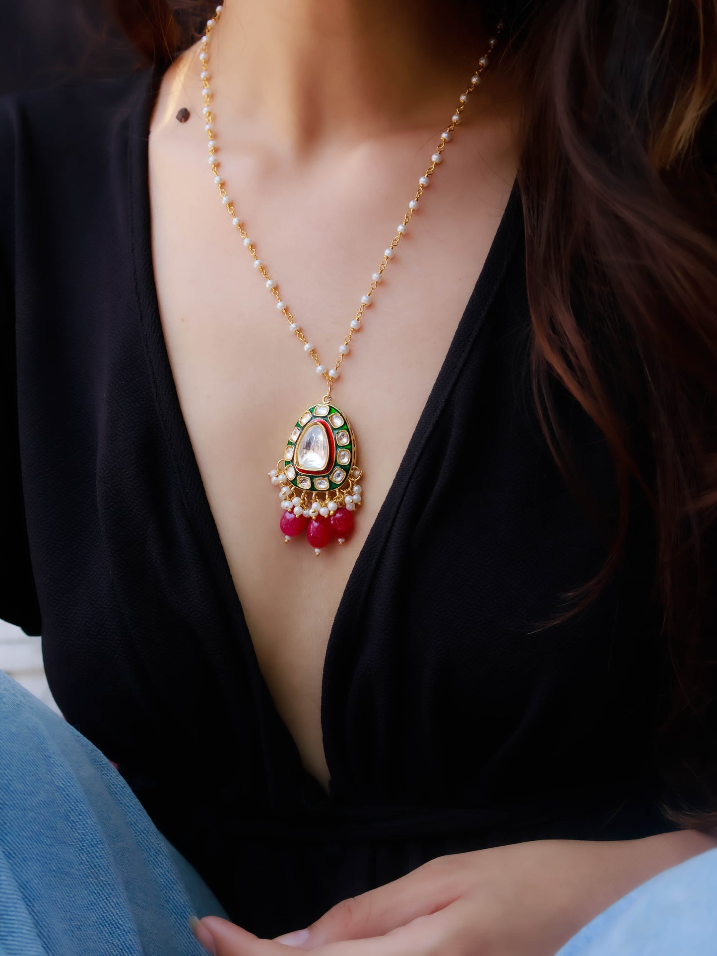 Binal Red Polki Pendant Necklace