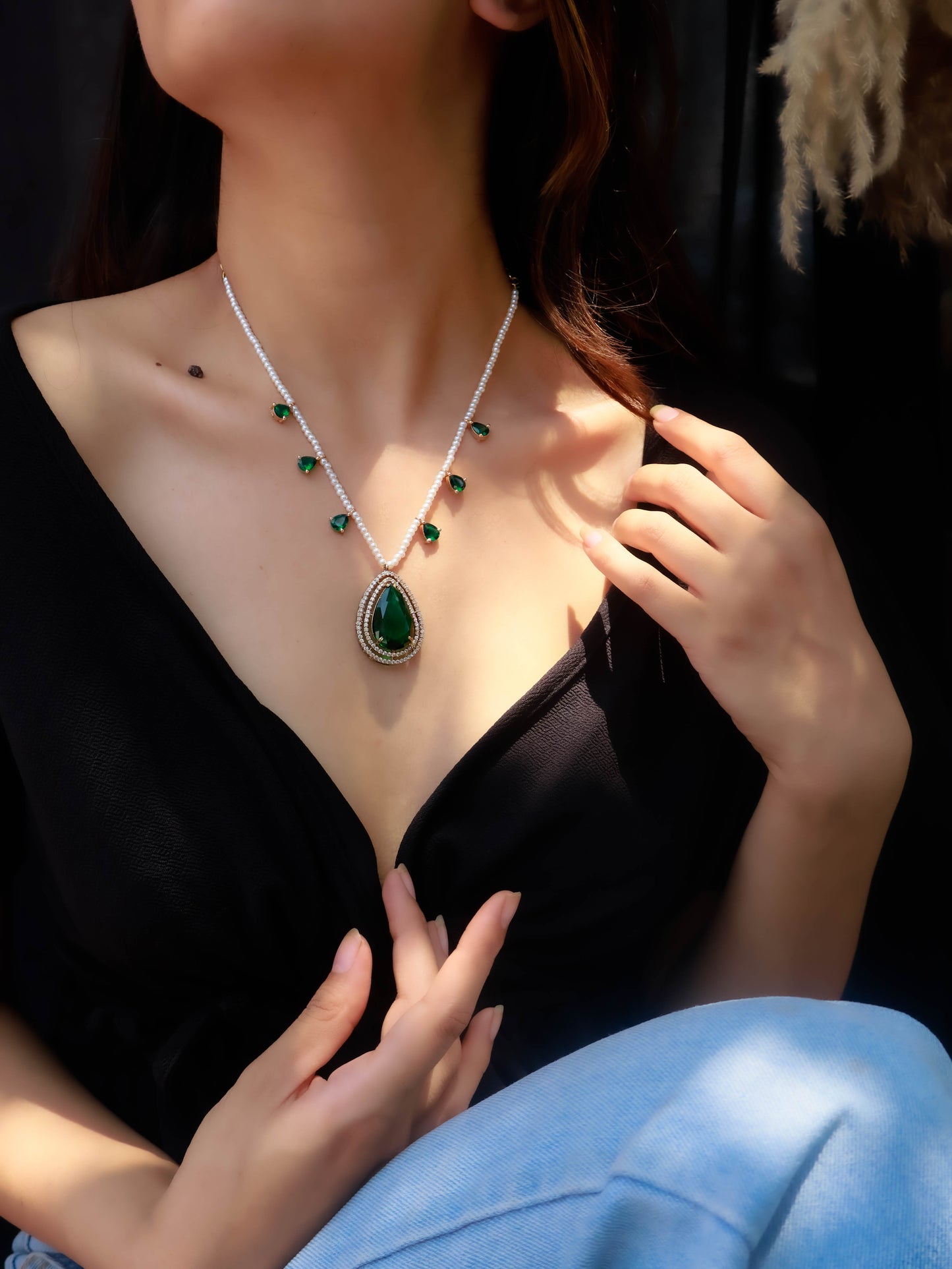 Lamha Green Pendant Pearls Necklace