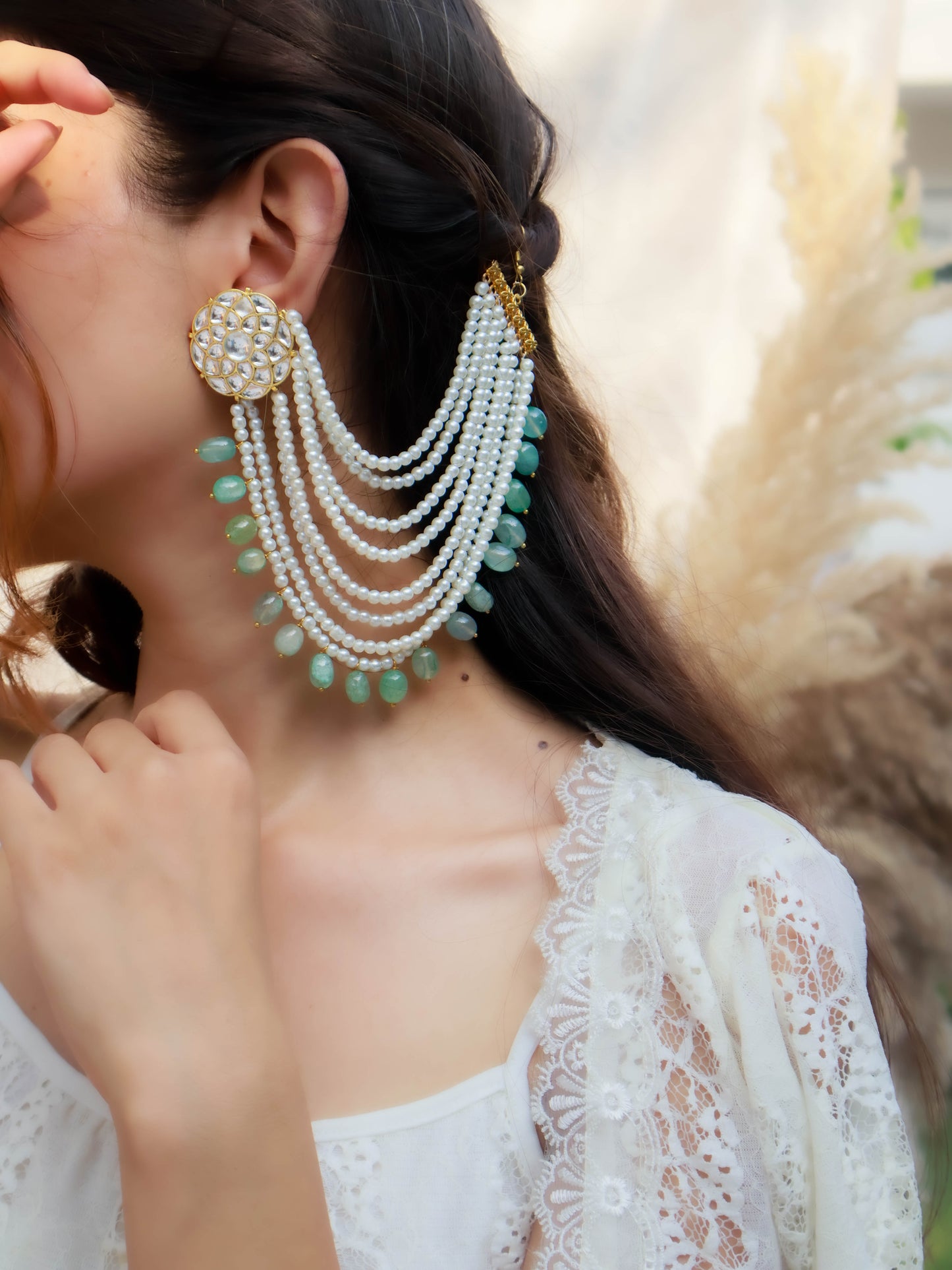 Kyra Kundan Mint Earchain Earrings