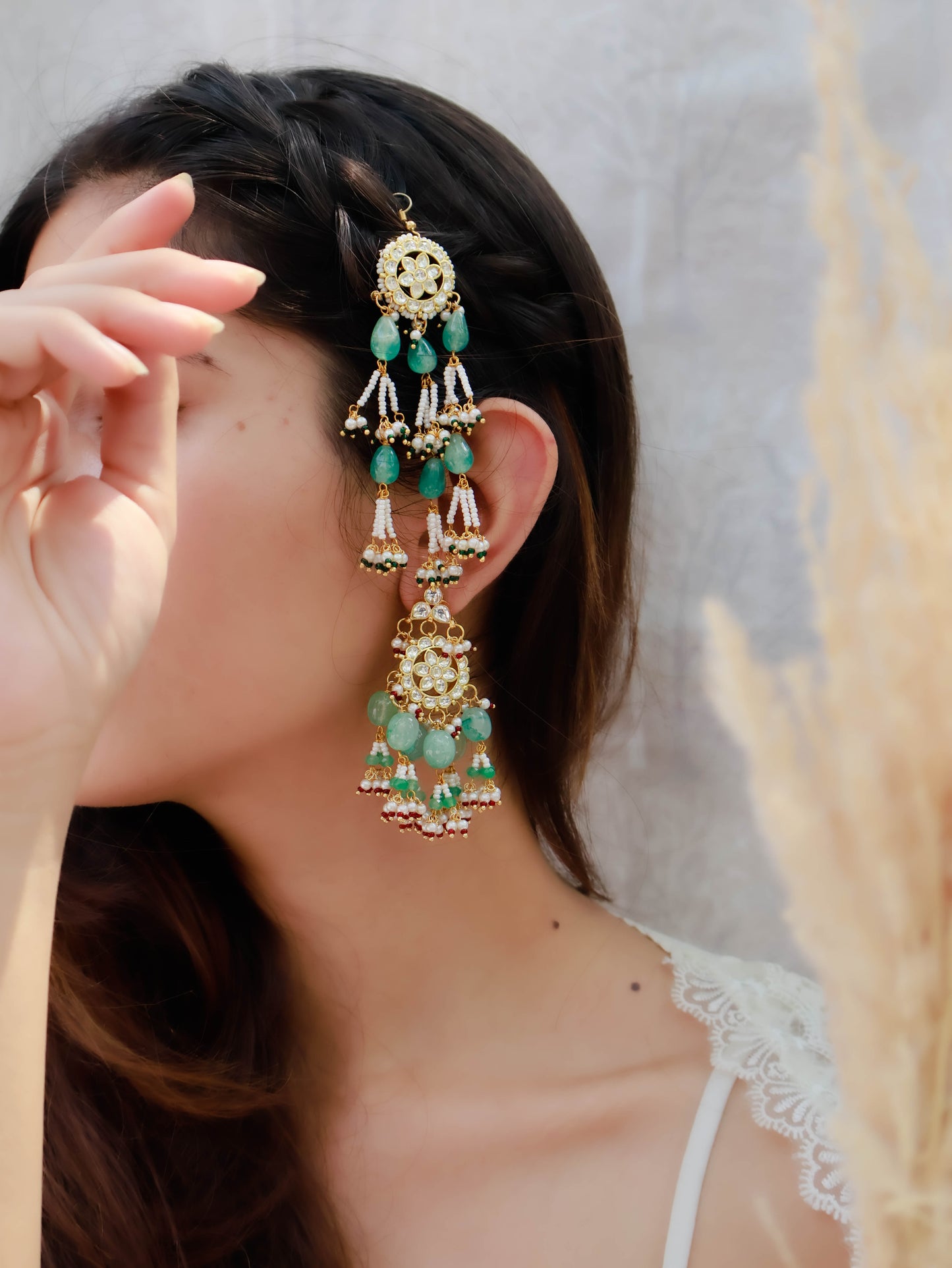 Zubi Kundan Mint Chandbali Earrings