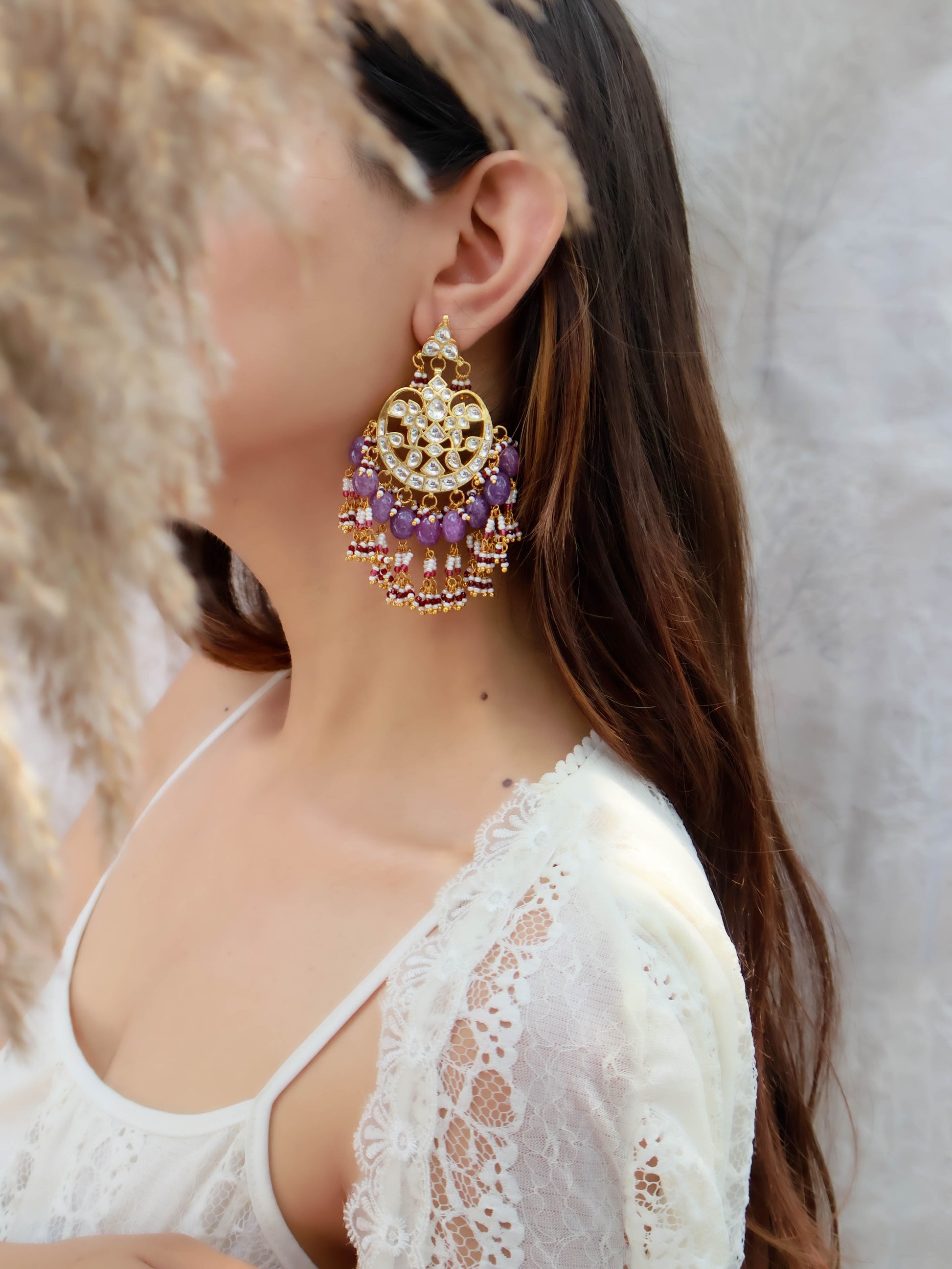 Elice Kundan Purple Chaandbaali Earrings – Kaashnii