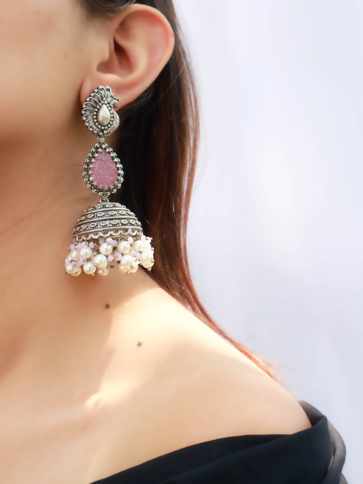 Zuri Pink German Silver Embossed Jhumka Earrings