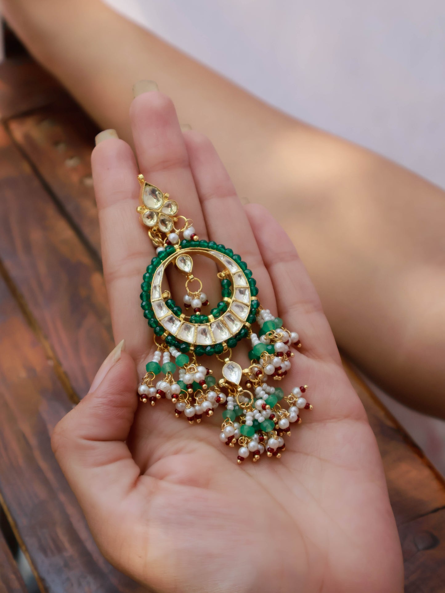 Ulfat Kundan Green Chandbali Earrings