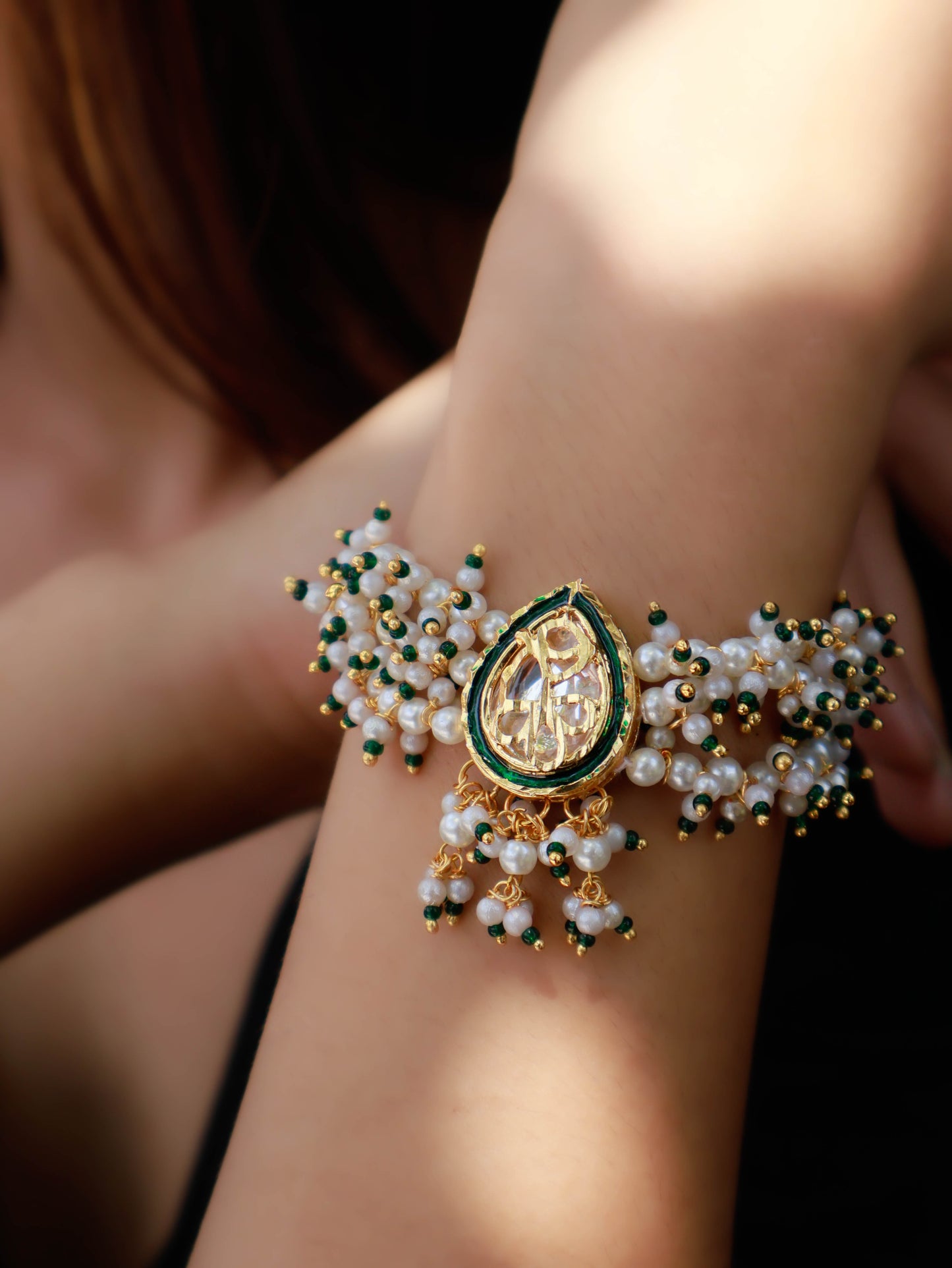 Zia Kundan and Pearl Green Bracelet