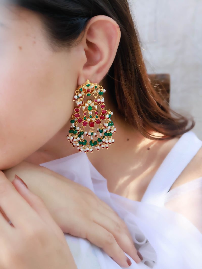 Josie Red & Green Kundan Chaandbaali Earrings