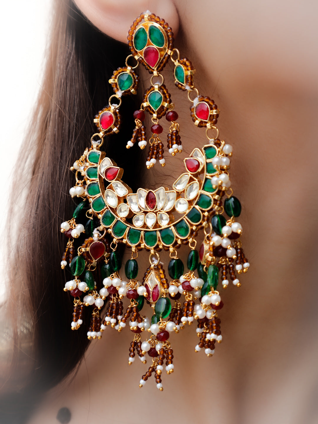 Nitasta Red-Green Kundan Chandbali Earrings