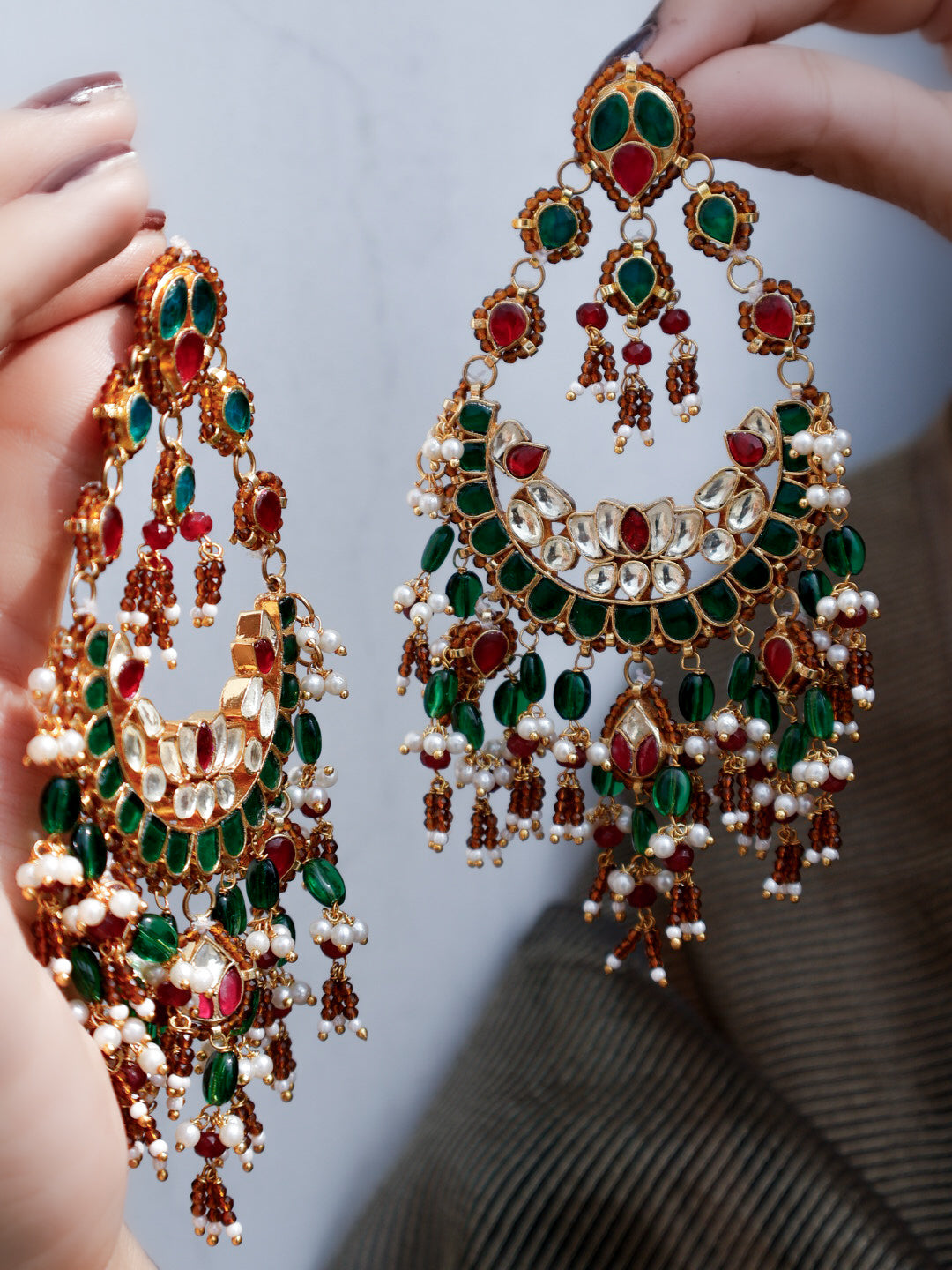 Nitasta Red-Green Kundan Chandbali Earrings