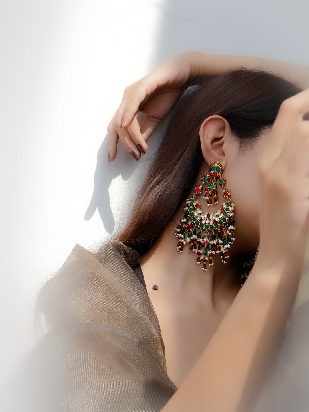 Nitasta Red-Green Kundan Chandbali Earrings